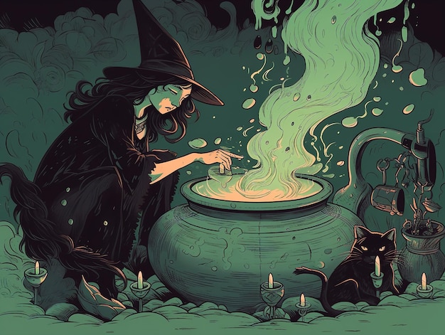 Witch Brewing Potion in Cauldron