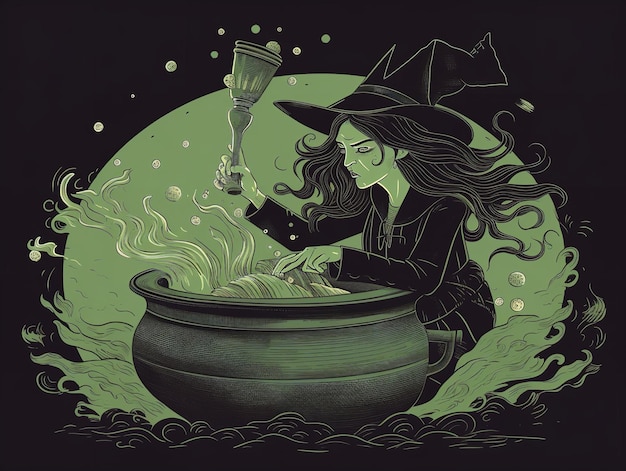 Witch Brewing Potion in Cauldron