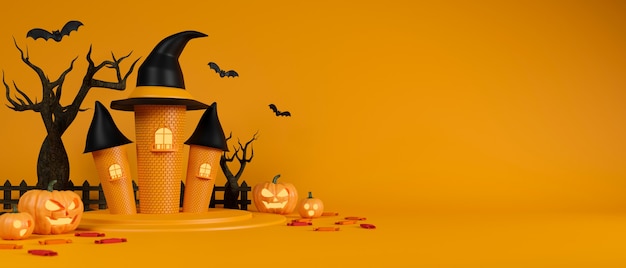 Witch castle bats granny pumpkins and dried tree on yellow background halloween concept 3D rendering