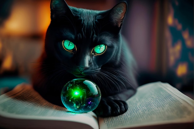 Witch cat with crystal ball and magic spell book Generative AI