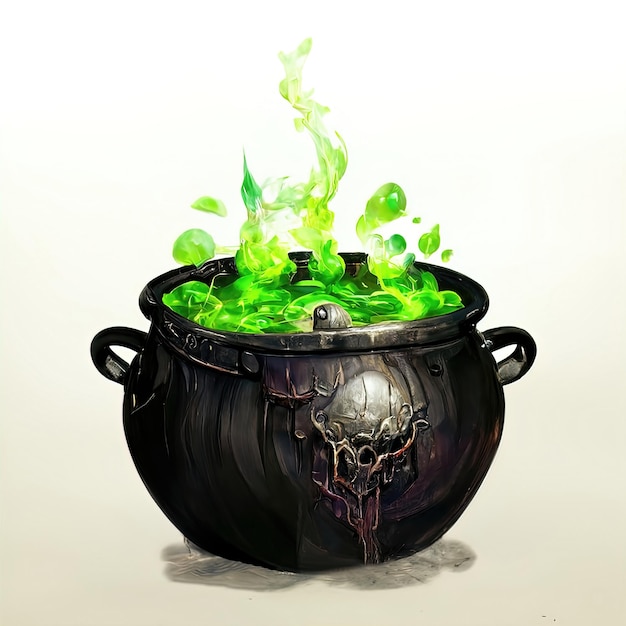 Witch cauldron is brewing a magic potion Castiron cauldron is boiling potion Illustration