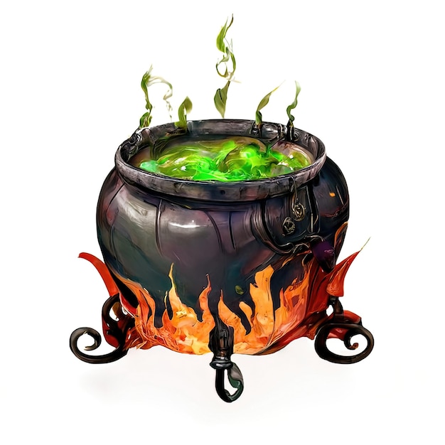 Witch cauldron is brewing a magic potion Castiron cauldron is boiling potion Illustration