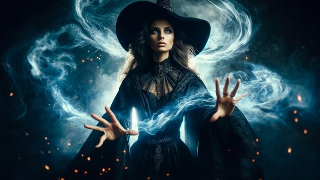 Witch Commanding Spectral Storms In Enigmatic Dark Elegance