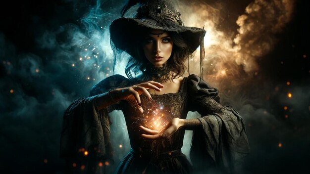 Witch Conjuring Cosmic Energy in Enchanted Dark Forest