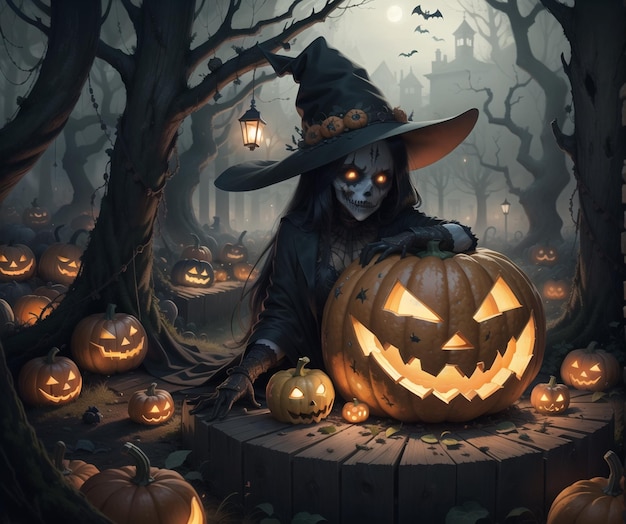 A witch in a dark forest with pumpkins and a witch in the middle.