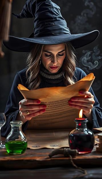 Photo witch doctor is reading an ancient magic scroll with copy space and prepares a magic potion on her