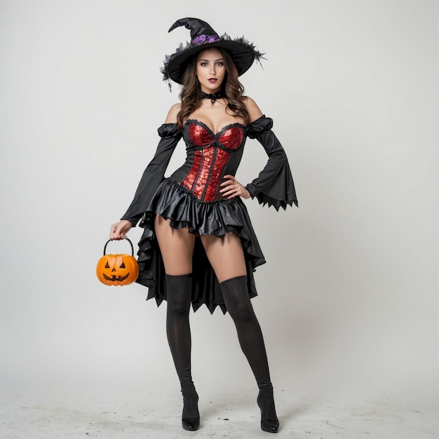 a witch dressed up as a witch with a pumpkin on her chest