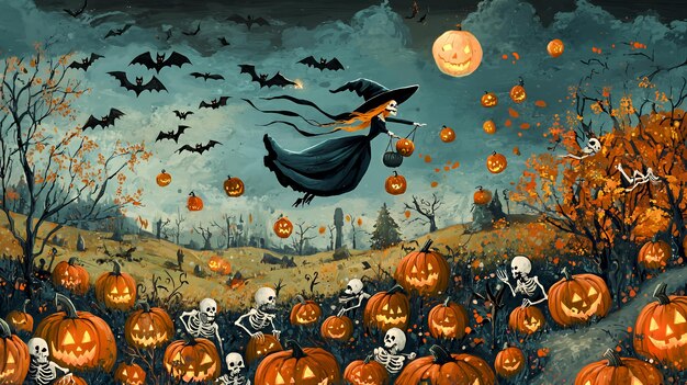 Photo a witch flies through the air carrying a basket full of glowing jackolanterns while skeletons and bats surround her in a spooky halloween scene