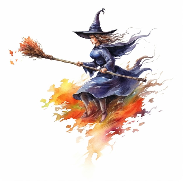 Witch flying on broom with fire and watercolor paint effect generative ai