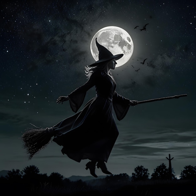 a witch flying on a broom with a full moon in the background