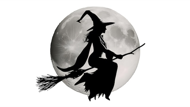 Photo a witch flying on a broom with the moon behind it