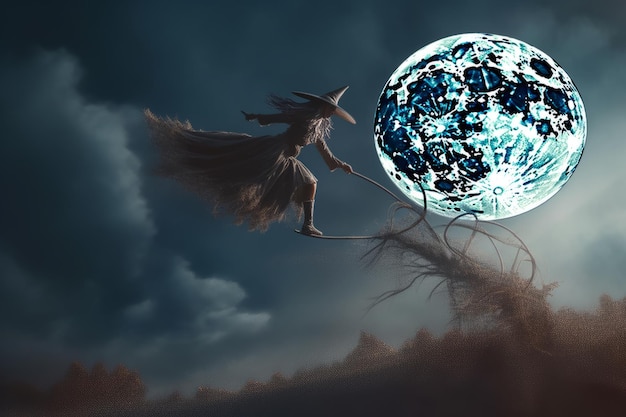 Witch flying on a broomstick across the full moon Created with generative AI technology