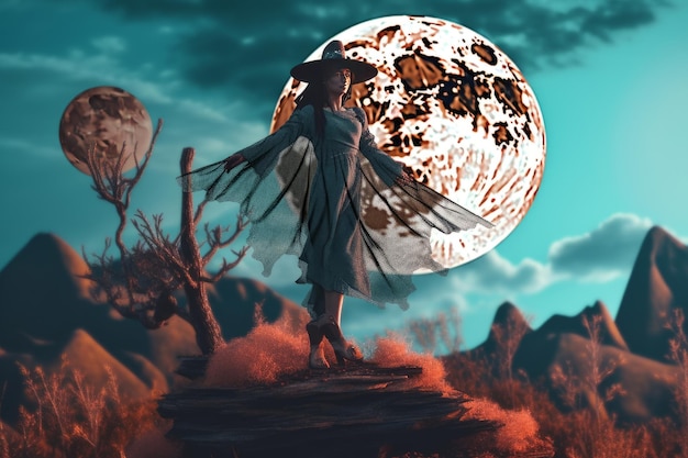 Witch flying on a broomstick across the full moon Created with generative AI technology