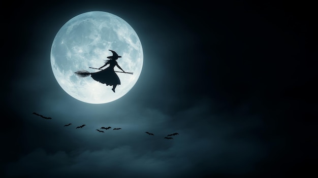 A witch flying on a broomstick across a full moon with bats trailing behind her highresolution photo