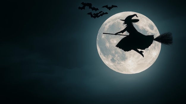 A witch flying on a broomstick across a full moon with bats trailing behind her highresolution photo