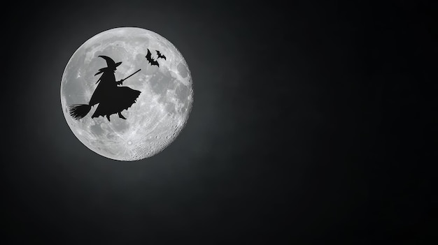 Photo a witch flying on a broomstick across a full moon with bats trailing behind her highresolution photo