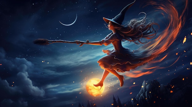 a witch flying with a broom in her hand