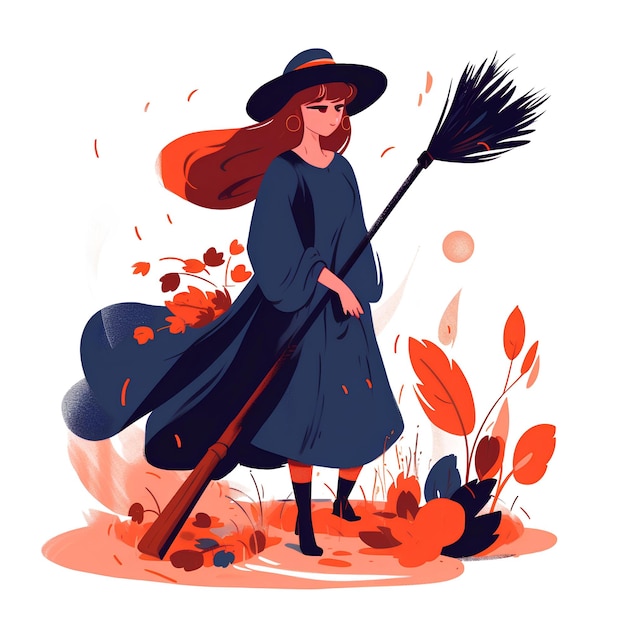 Witch girl in hat and raincoat with a broom in the forest clipart on a white background autumn An illustration created using AI