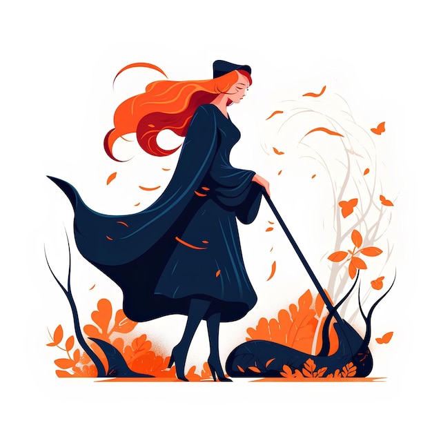 Witch girl in hat and raincoat with a broom in the forest clipart on a white background autumn An illustration created using AI