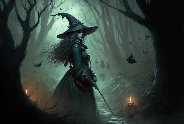 Witch in gloomy woodland