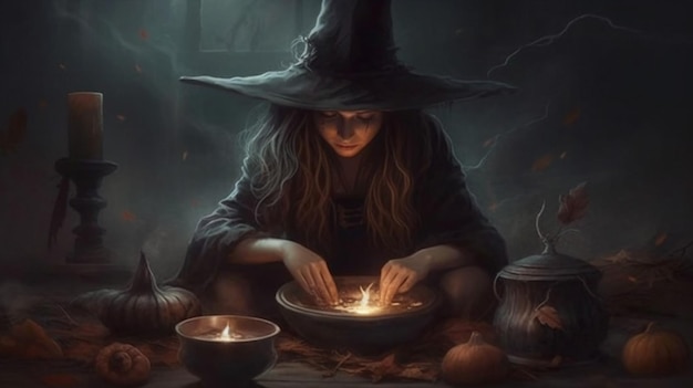 A witch in a hat sits in a bowl with a pot of food.