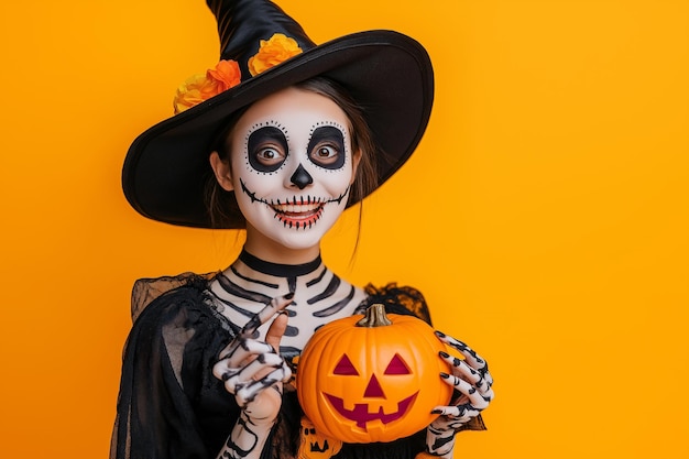 witch hat with skull makeup holding Jacks lantern pumpkin