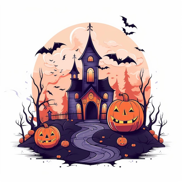 Witch Haunted House Pumpkins Bats Halloween Holiday Design Scary pumpkin head Generative Ai