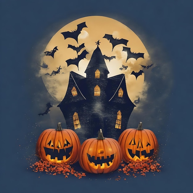 Witch Haunted House Pumpkins Bats Halloween Holiday Design Scary pumpkin tshirt design