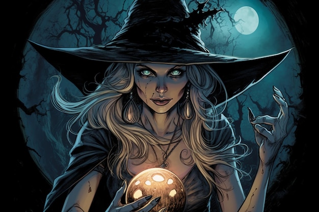 A witch holding a ball in her hand.