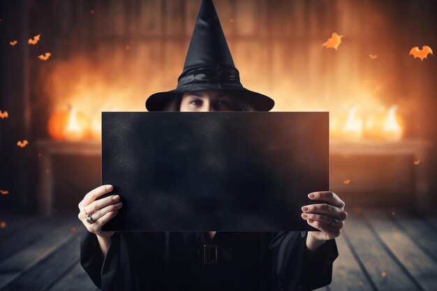 Witch holding blank old paper mystical atmosphere Copy space for your text Halloween background with empty space Happy Halloween Generative AI