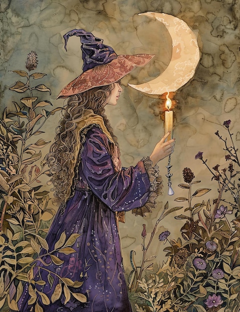 witch holding a candle medival page Junk Journal