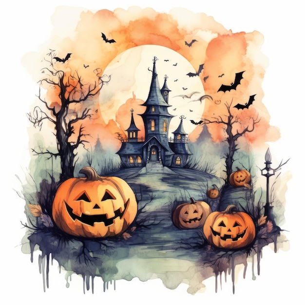 Witch House Halloween Party Decoration Watercolor Magic Artwork Illustration Pattern