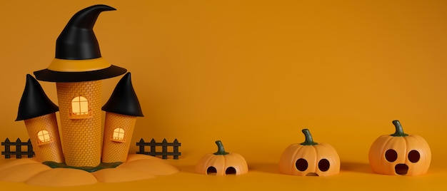 Witch house and pumpkins on yellow background halloween concept 3D rendering 3D illustration