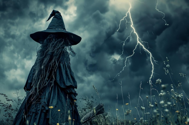 A witch is standing in a field with a lightning bolt in the air