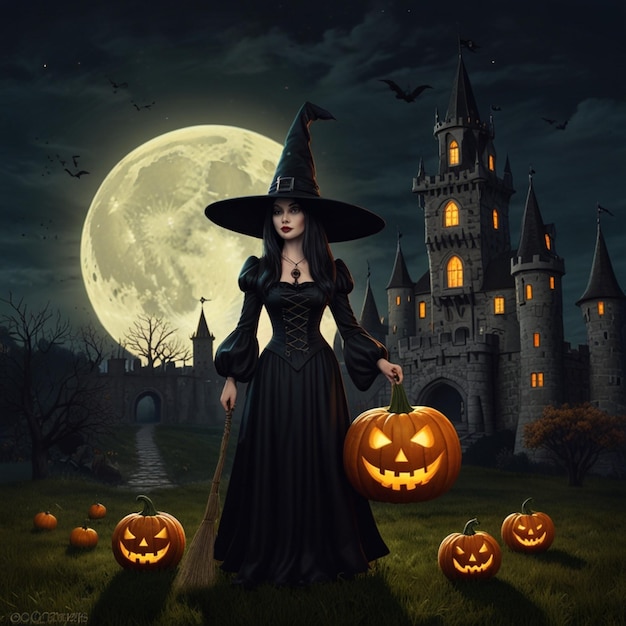 a witch is standing in front of a castle with pumpkins