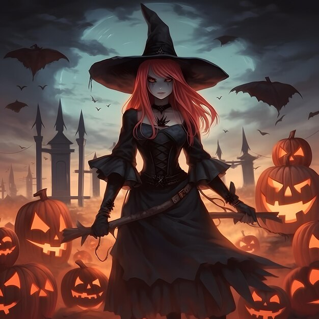 Witch is standing outside in front of graves and pumpkins in the style of hauntingly beautiful illu