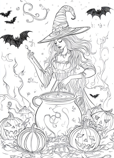 a witch is standing next to a pot of liquid