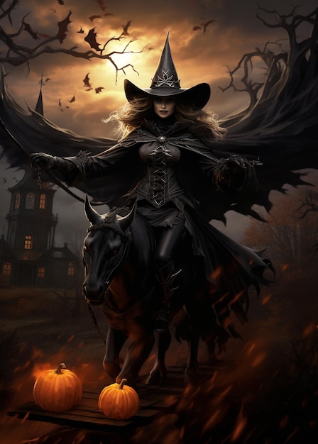 Witch riding a horse with a pumpkin on the ground generative ai