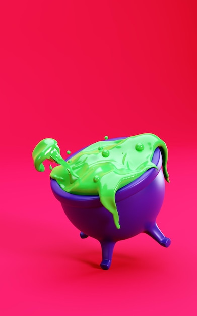 Witch's cauldron with green liquid 3d Sorcerer's pot of bubbling liquid Halloween greeting card