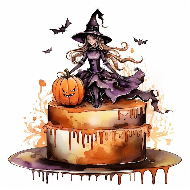 A witch sits on a cake with a pumpkin on it.