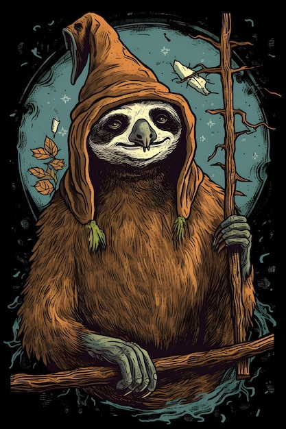 witch sloth 1950 illustration vector art black background