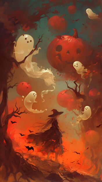 A Witch Stands Amongst Pumpkins and Ghosts in a HalloweenThemed Landscape