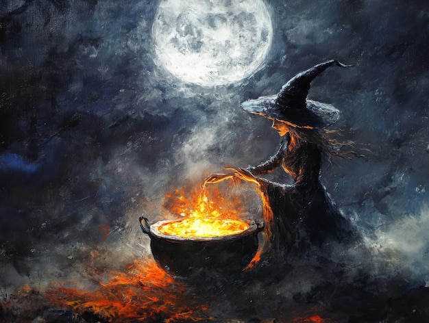 Photo a witch stirring a cauldron under a full moon