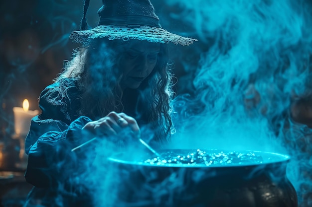 Photo witch stirring cauldron in smoke