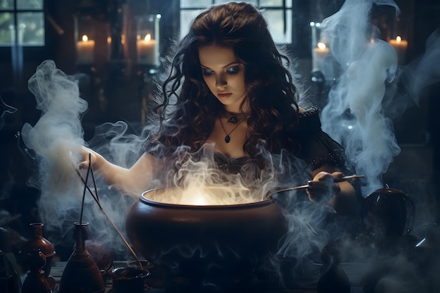 A witch stirring a cauldron with smoke and bubbles Halloween celebration background