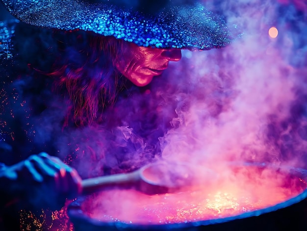 Witch Stirring a Cauldron with a Wooden Spoon in a Moody Blue and Pink Foggy Atmosphere Illustration