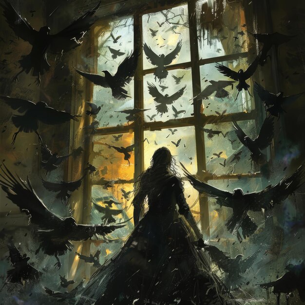 a witch surrounded by black birds dark room with a big window and a storm outside