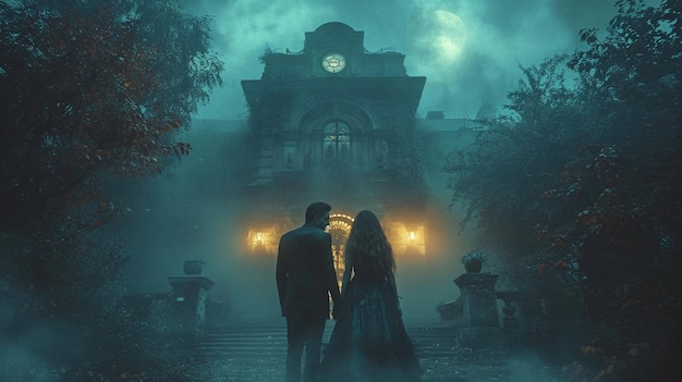 The Witch and the Vampire are standing in front of the haunted houses entrance