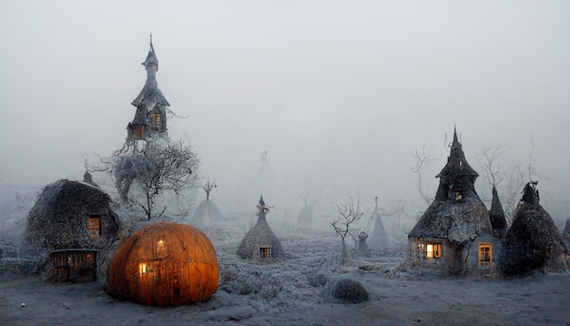 Witch Village with Pumpkins in the Mist.realistic halloween festival illustration.