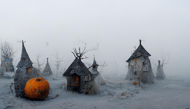 Witch Village with Pumpkins in the Mist.realistic halloween festival illustration.